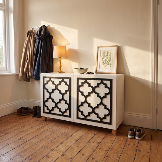 IKEA Besta Arabesque overlay in black shown on a hallway console — The Upscale Collection