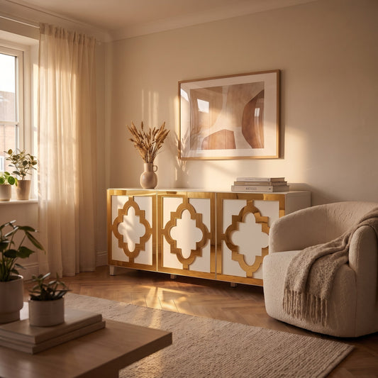 Gold mirror Arabesque acrylic overlays on an IKEA Besta sideboard in a warm sunlit living room