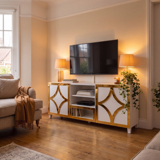 IKEA Besta Diamond overlay in gold mirror shown as a TV unit in an evening lounge — The Upscale Collection
