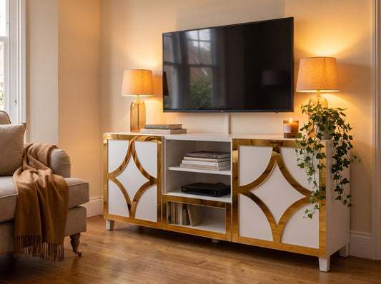 IKEA Besta Diamond overlay in gold mirror shown as a TV unit in an evening lounge — The Upscale Collection