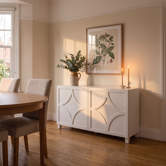 White Diamond acrylic overlays on an IKEA Besta sideboard in a warm dining room