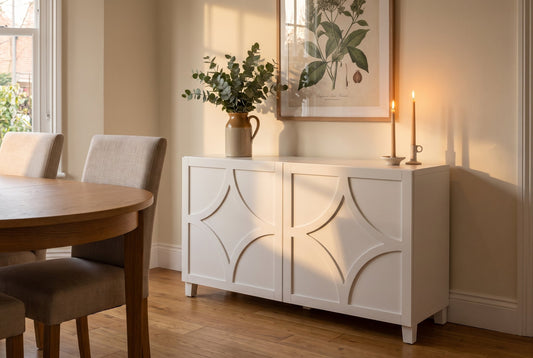 White Diamond acrylic overlays on an IKEA Besta sideboard in a warm dining room