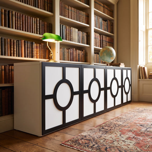 IKEA Besta Nautical overlay in black in a book-lined library — The Upscale Collection