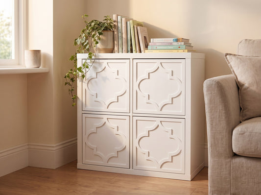 IKEA Kallax Arabesque overlay in white shown in a cream living room — The Upscale Collection