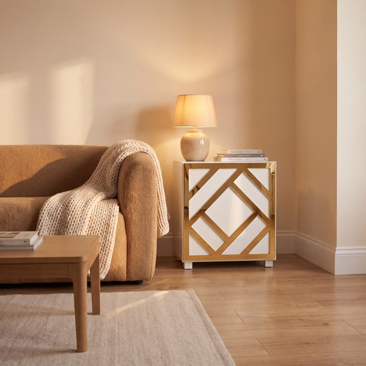 Gold mirror Centred acrylic overlay on an IKEA Kallax cube styled as a living room side table