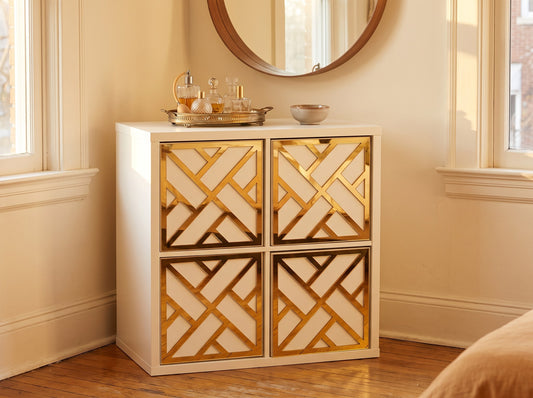 IKEA Kallax Criss Cross overlay in gold mirror beside a bedroom vanity — The Upscale Collection