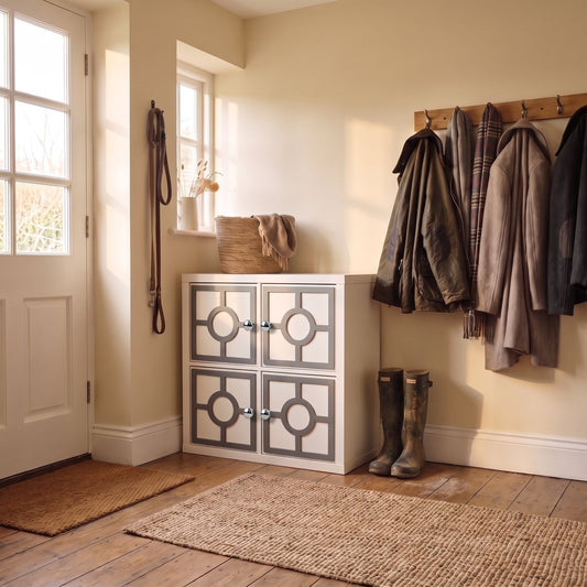 kallax nautical grey overlay boot room with door knobs