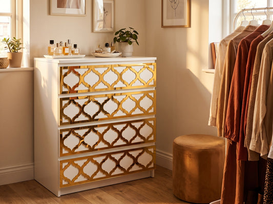 IKEA Malm Arabesque overlay in gold mirror shown in a walk-in wardrobe — The Upscale Collection
