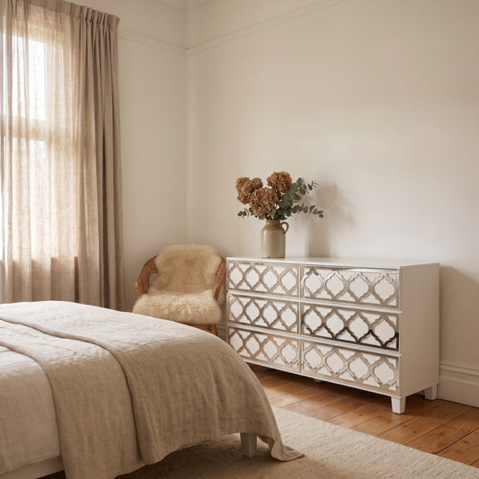 Silver mirror Arabesque acrylic overlays on an IKEA Malm chest in a calm morning bedroom