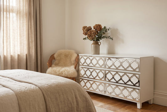 Silver mirror Arabesque acrylic overlays on an IKEA Malm chest in a calm morning bedroom