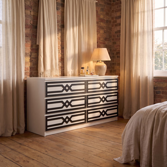 IKEA Malm Aztec overlay in black shown in a loft bedroom — The Upscale Collection