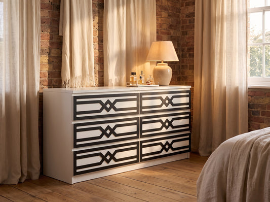 IKEA Malm Aztec overlay in black shown in a loft bedroom — The Upscale Collection
