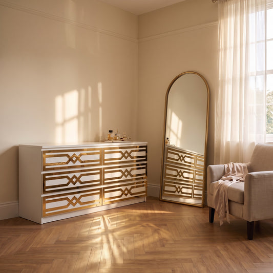 Gold mirror Aztec acrylic overlays on an IKEA Malm chest in a warm dressing room