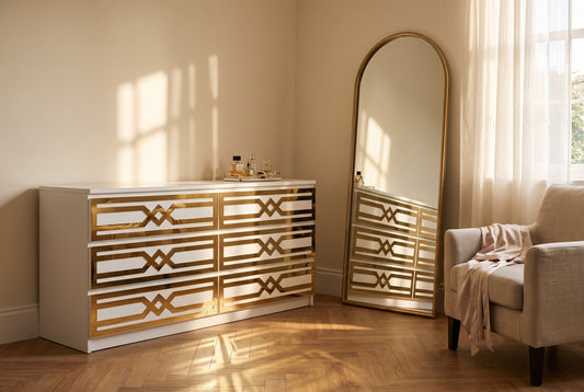 Gold mirror Aztec acrylic overlays on an IKEA Malm chest in a warm dressing room