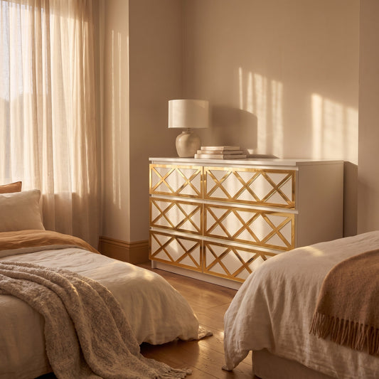 Gold mirror Crossover acrylic overlays on an IKEA Malm 6-drawer chest in a warm bedroom