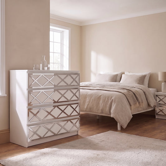 Mirrored malm crossover acrylic overlay panels on IKEA Malm chest in a calm guest bedroom