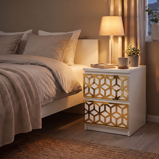 White IKEA Malm bedside table with gold mirror geometric fretwork overlay on white drawers