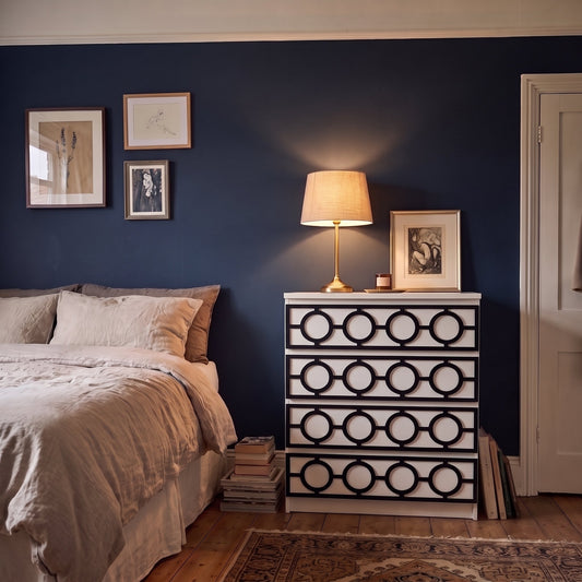 Black malm nautical acrylic overlay panels on IKEA Malm chest in a navy bedroom
