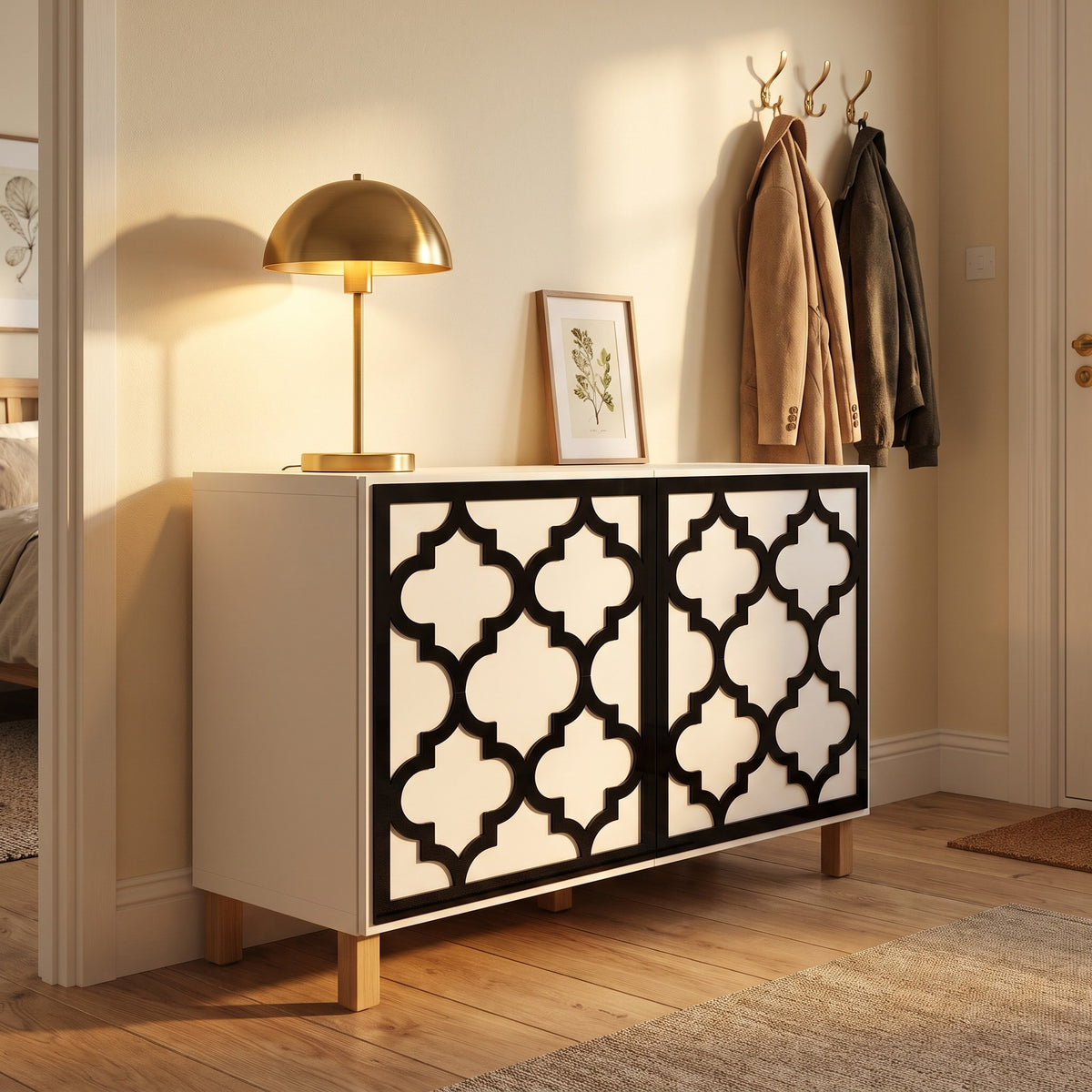 IKEA Besta console with black arabesque acrylic overlay panels covering the door fronts in a warm hallway