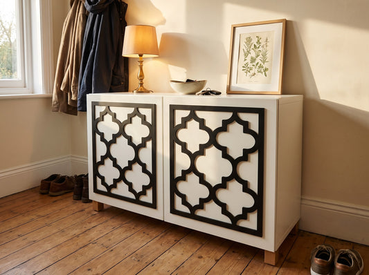 IKEA Besta Arabesque overlay in black shown on a hallway console — The Upscale Collection