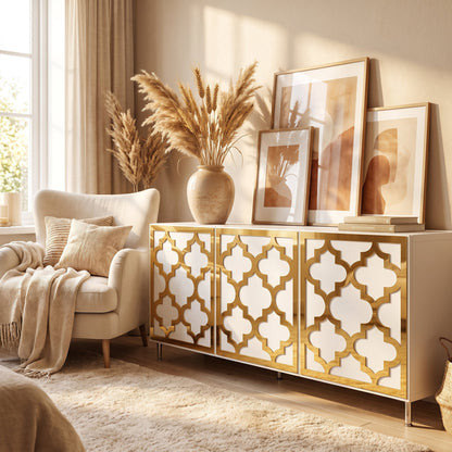 Gold Mirrored arabesque trellis acrylic overlay panels, four quatrefoils per door, on an IKEA Besta sideboard