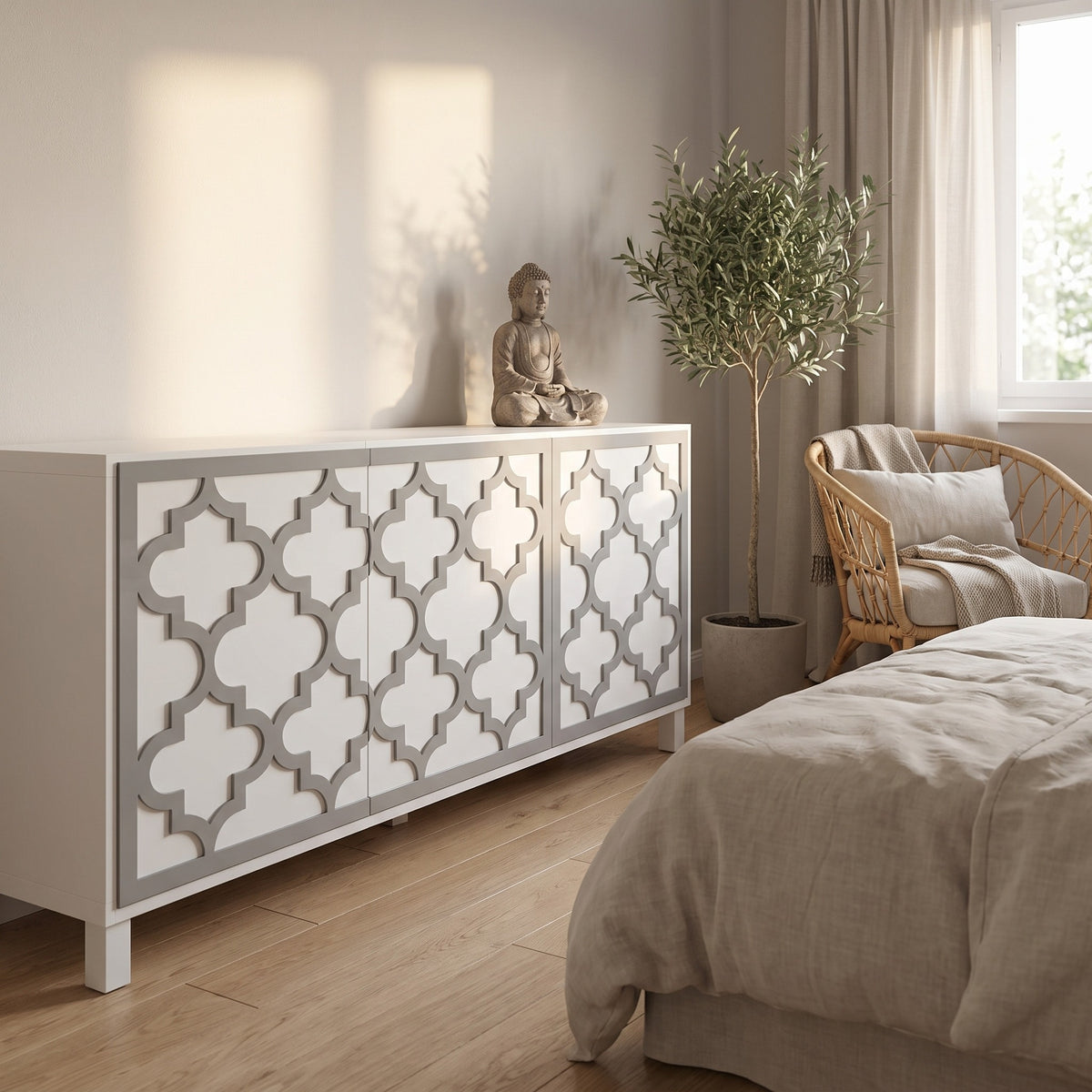 IKEA Besta sideboard with grey arabesque acrylic overlay panels covering the door fronts in a guest bedroom