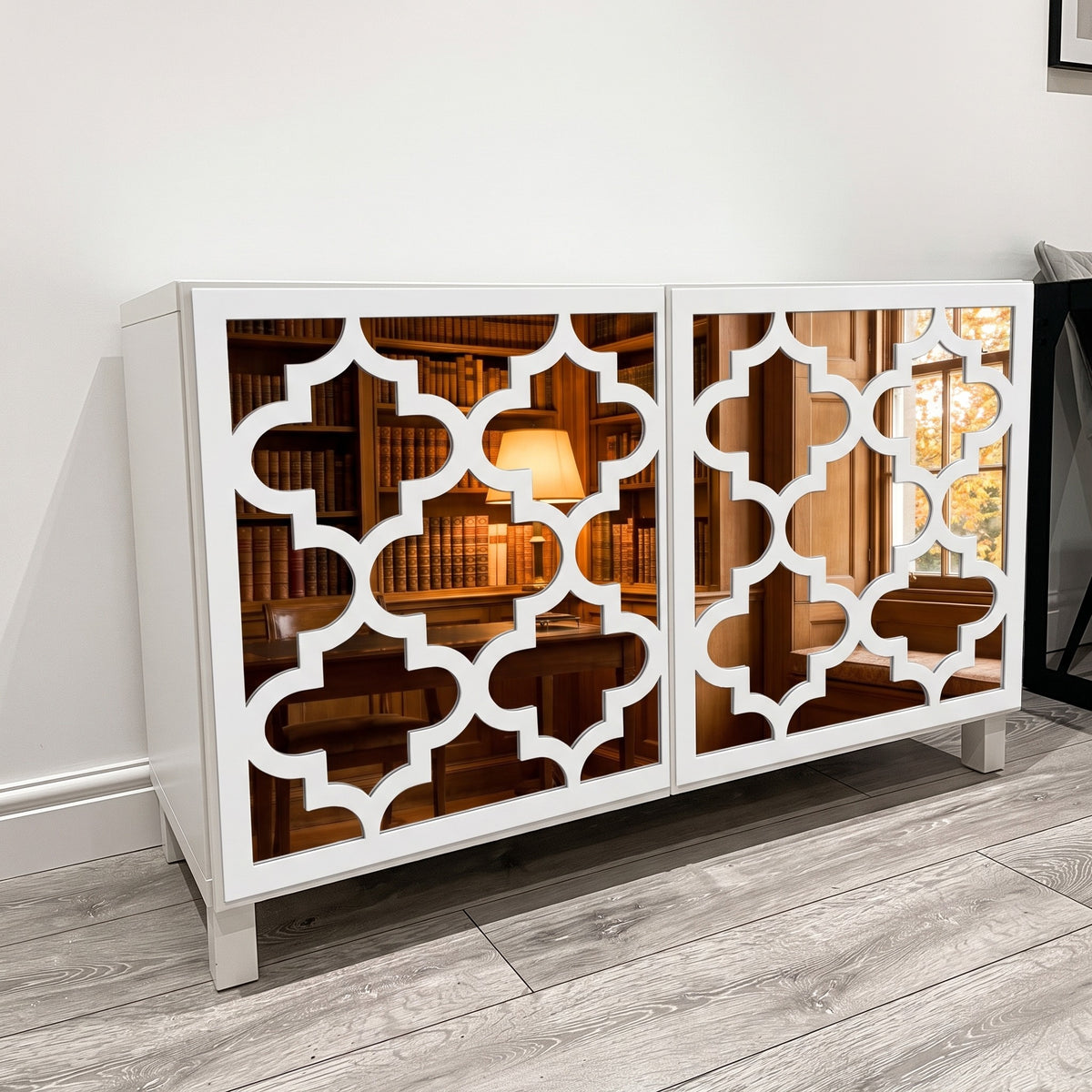 IKEA Besta cabinet with white on mirror arabesque acrylic overlay panels in a home study