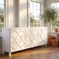 IKEA Besta sideboard with white arabesque acrylic overlay panels covering the door fronts in a bright garden room