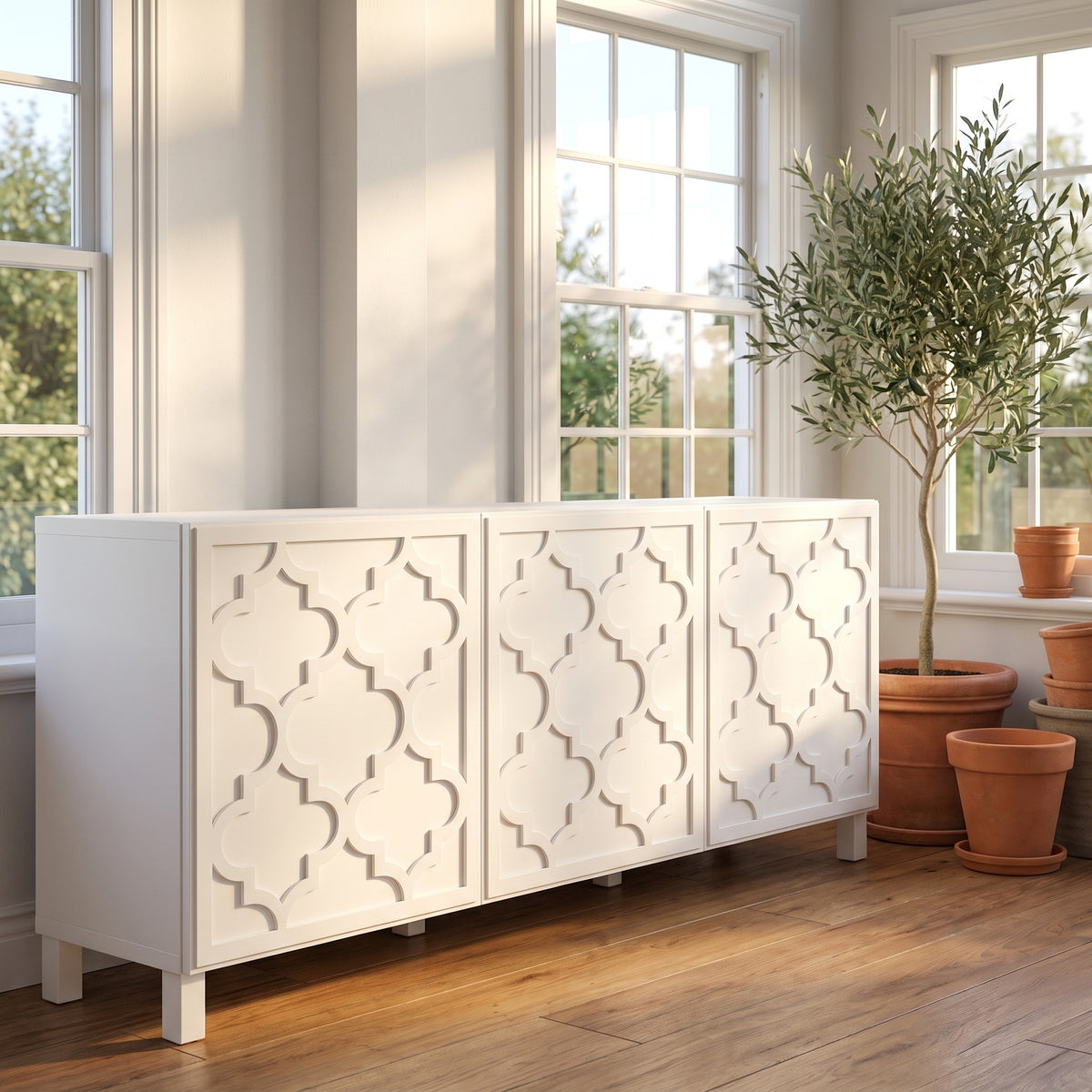 IKEA Besta sideboard with white arabesque acrylic overlay panels covering the door fronts in a bright garden room