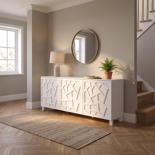 White Mixed acrylic overlays on an IKEA Besta console in a warm hallway