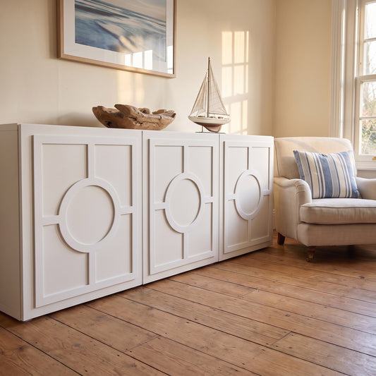IKEA Besta Nautical overlay in white in a coastal living room — The Upscale Collection