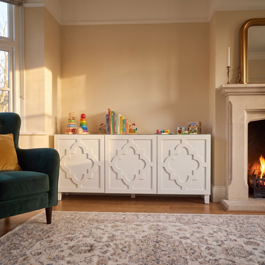 IKEA Besta Puzzle overlay in white shown in a family playroom — The Upscale Collection