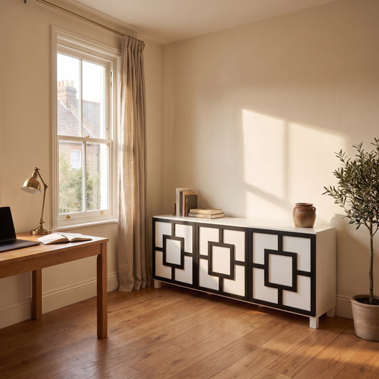 Black Squared acrylic overlays on an IKEA Besta unit in a warm home office