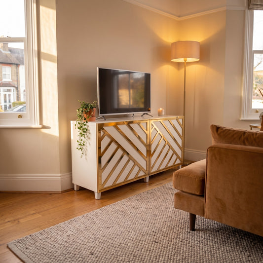 Gold mirror Two Ways acrylic overlays on an IKEA Besta TV unit in a warm living room