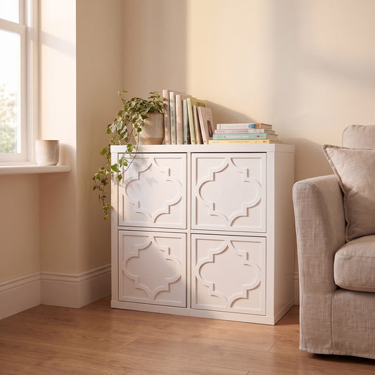 IKEA Kallax Arabesque overlay in white shown in a cream living room — The Upscale Collection