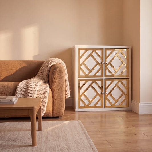 Gold Mirrored centred overlay on a 2x2 IKEA Kallax unit in a warm living room