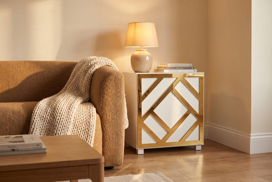 Gold mirror Centred acrylic overlay on an IKEA Kallax cube styled as a living room side table