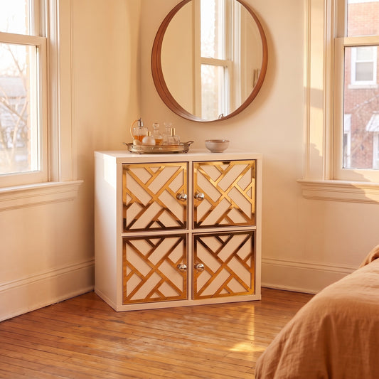kallax criss cross gold mirror overlay vanity with door knobs