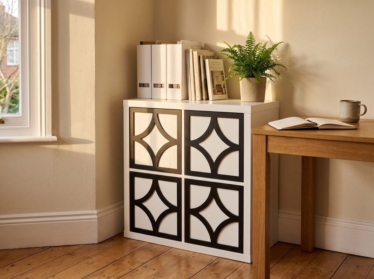 IKEA Kallax Diamond overlay in black shown in a home office — The Upscale Collection