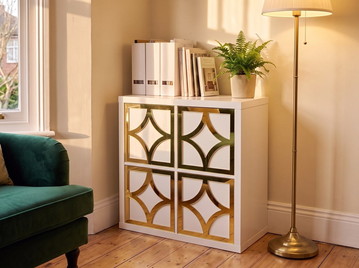 IKEA Kallax Diamond overlay in gold mirror in an elegant lounge — The Upscale Collection