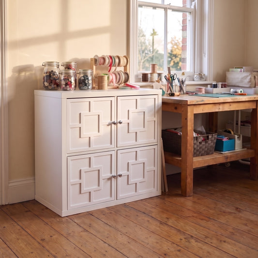 kallax squared white overlay craft room with door knobs