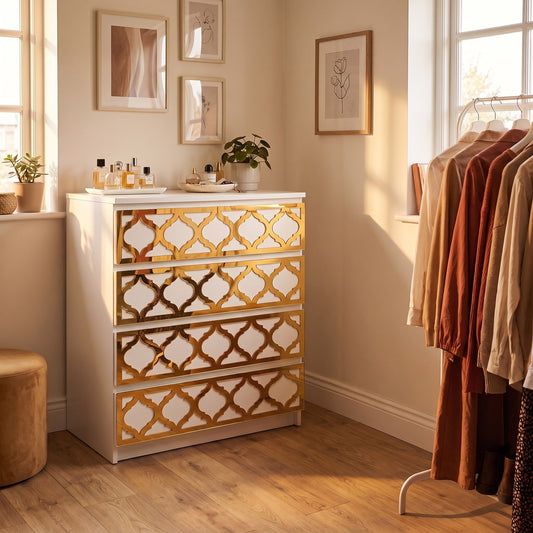 IKEA Malm Arabesque overlay in gold mirror shown in a walk-in wardrobe — The Upscale Collection