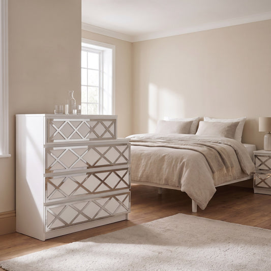 IKEA Malm Crossover overlay in silver mirror shown in a guest bedroom — The Upscale Collection