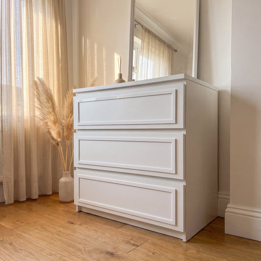 IKEA Malm Framed overlay in white shown in a Scandinavian bedroom — The Upscale Collection