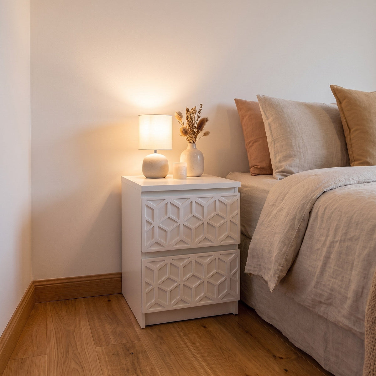 Two IKEA Malm bedside tables with Geometric acrylic overlay panels