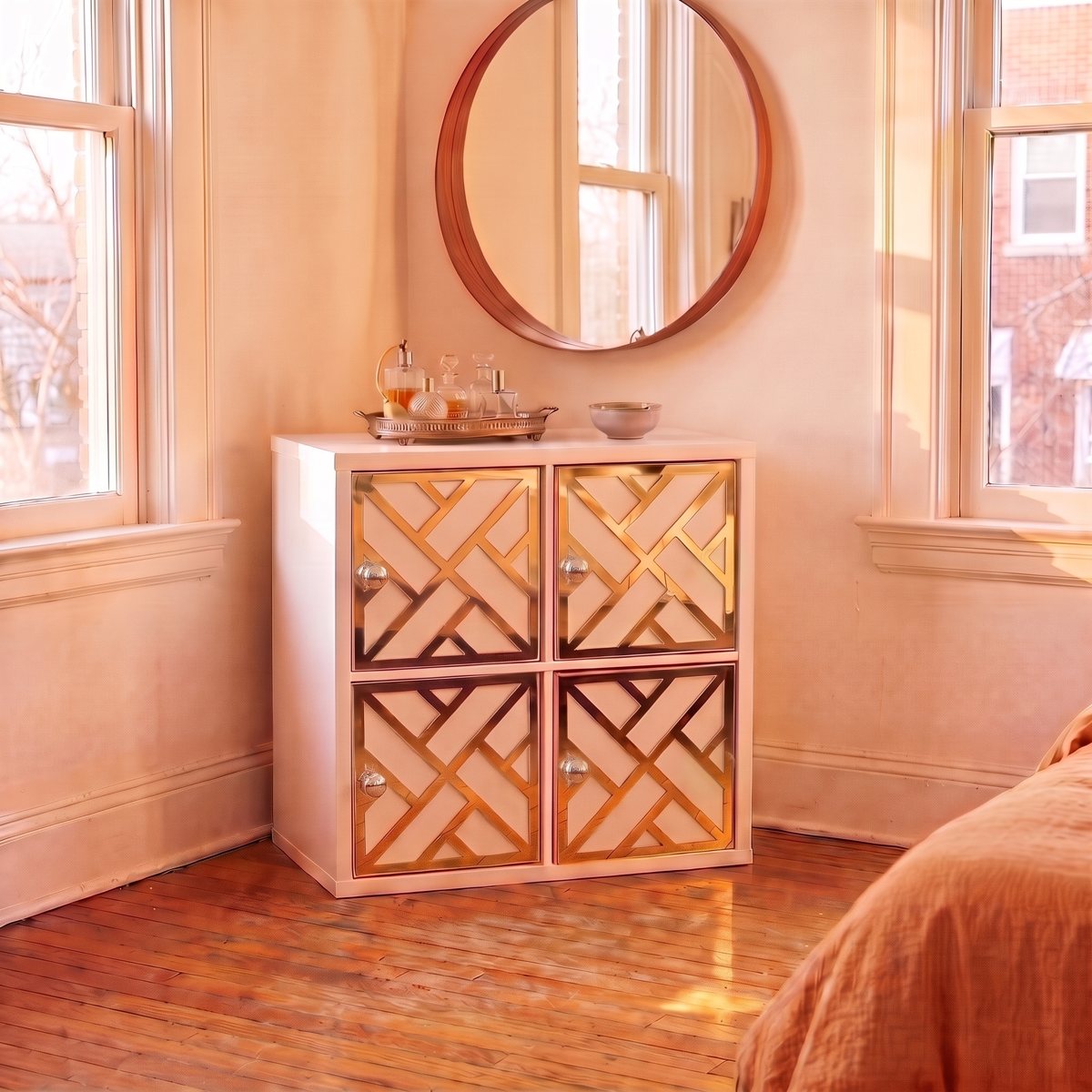 Criss Cross acrylic overlay design shown on IKEA furniture in a styled room