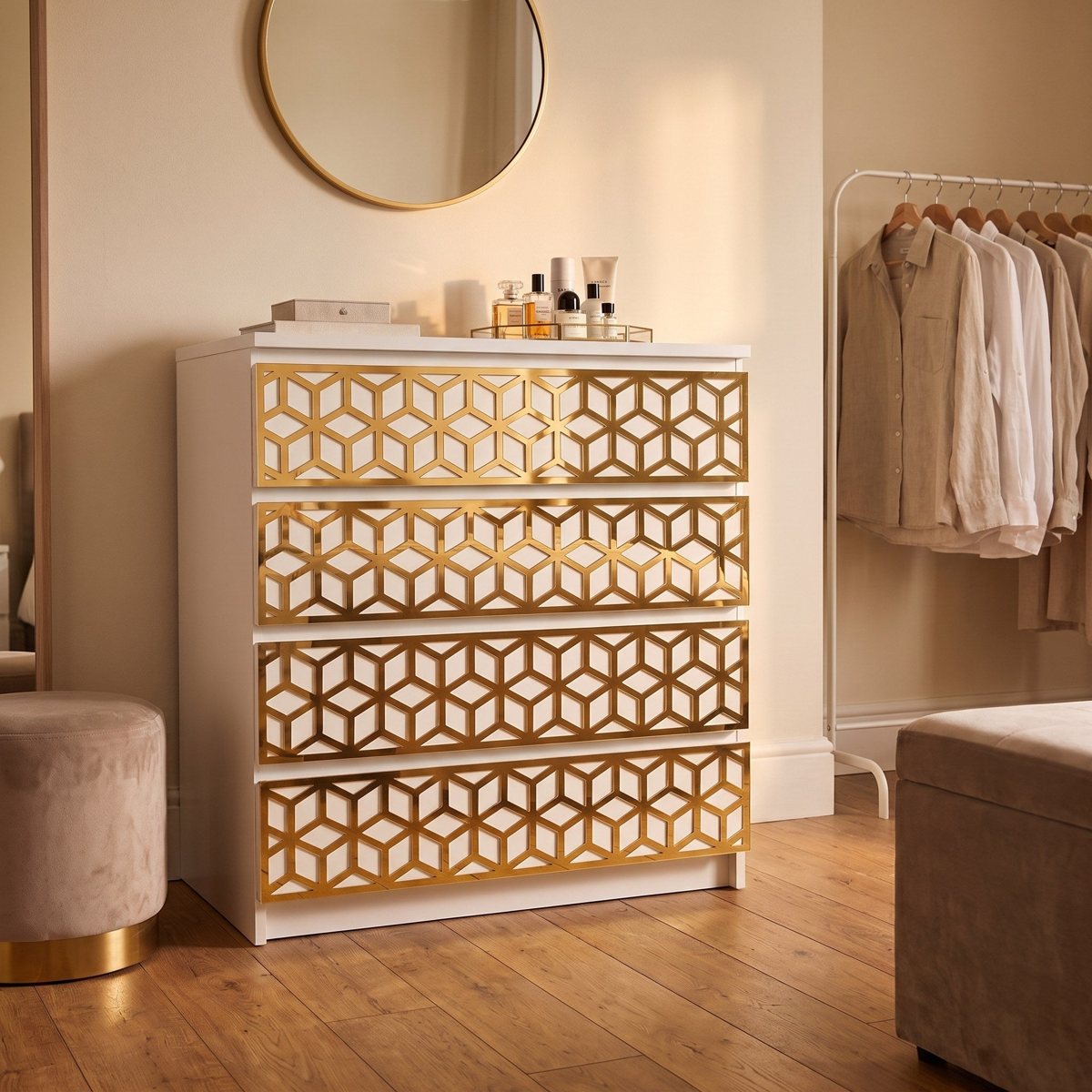 Geometric acrylic overlay design shown on IKEA furniture in a styled room