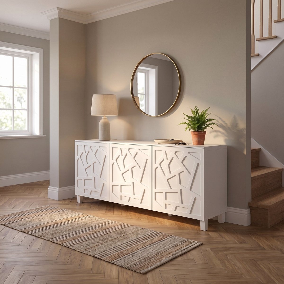 Mixed acrylic overlay design shown on IKEA furniture in a styled room