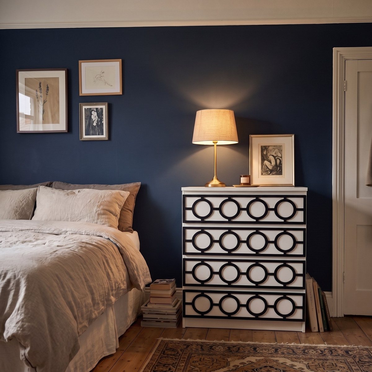 Nautical acrylic overlay design shown on IKEA furniture in a styled room