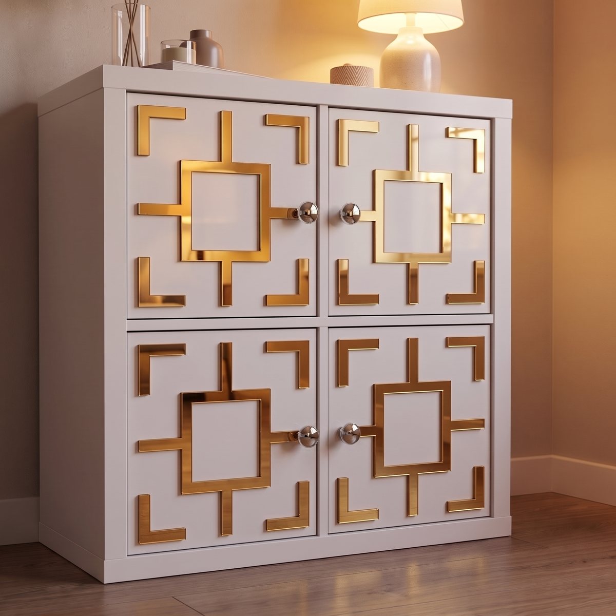 Squared acrylic overlay design shown on IKEA furniture in a styled room